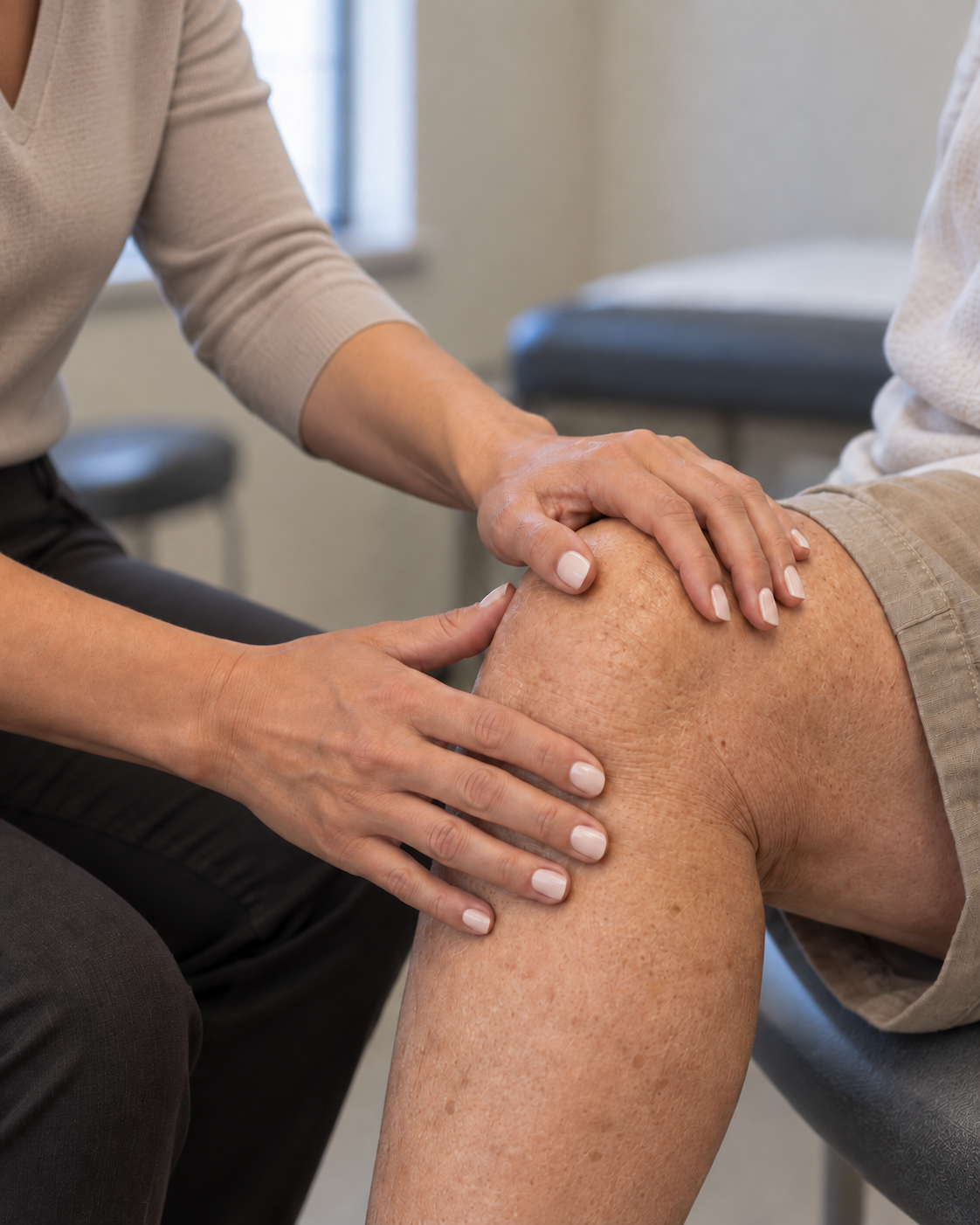A physician examining a patient's knee during a musculoskeletal evaluation